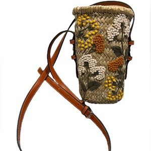 ZARA raffia wicker floral embroidered crossbody bag